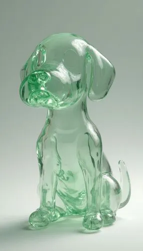 [dog] figurine by glass, in the style of layered translucency, [green] and [pink], Light], 20 megapixels, transparency,a green glass dog statue sitting on a white background,glass yard ornament,glass 