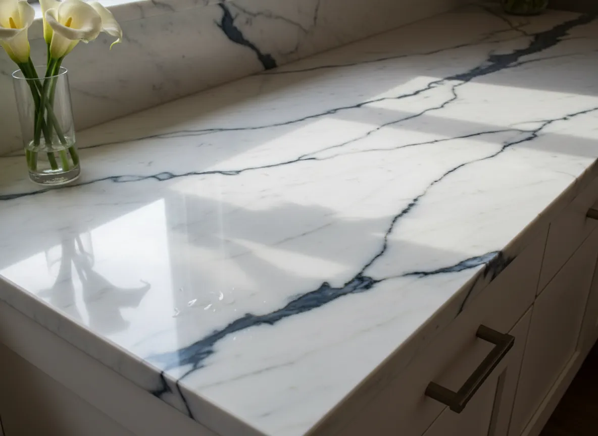 नाटकीय नसों वाले एक पॉलिश किए हुए संगमरमर काउंटरटॉप की AI-जनित छवि, जो पत्थर के भीतर प्रकाश प्रकीर्णन प्रभाव को दर्शाती है।