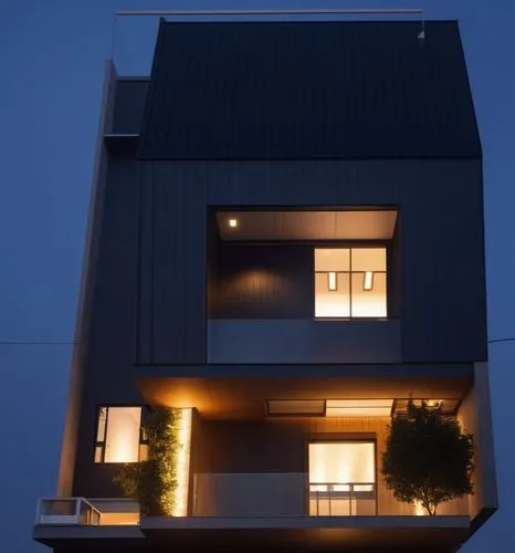 LEDS, MINIMALIST , BLACK ROOF, BLACK WALL,a tall, modern house lit up at night,cubic house,house silhouette,cube house,electrohome,sky apartment,weatherboard,weatherboards,weatherboarding,wooden house