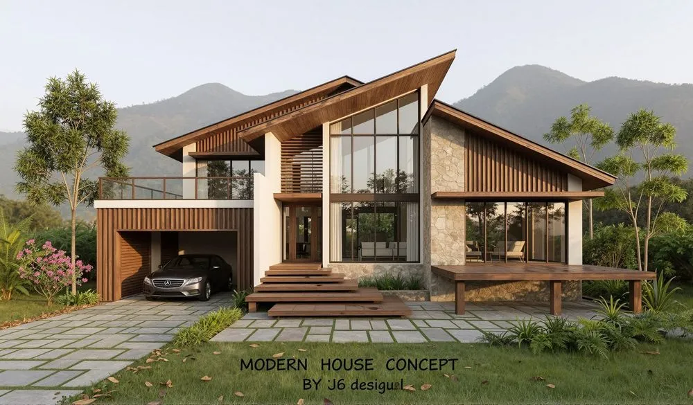 an exterior view of a house made out of concrete and wood