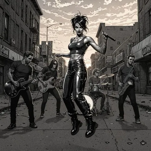 COMIC STYLE, COMIC ART, Tuschelinien, Schatten, dynamische Linienführung, 2000's Comic‑Look, slim black ink outline,an image of a woman performing on a city street,baroness,domino,comic style,blackgua