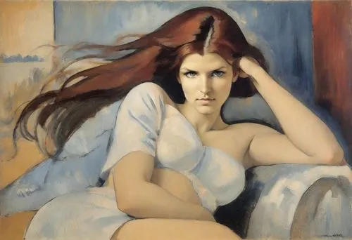 Expressionism, Fauvism, Modernism ,  Painting style <class> Amedeo Modigliani , half-figure of a beautiful woman with long hair, elegant relaxed resting pose, very feminine, soft and plastic, simplifi
