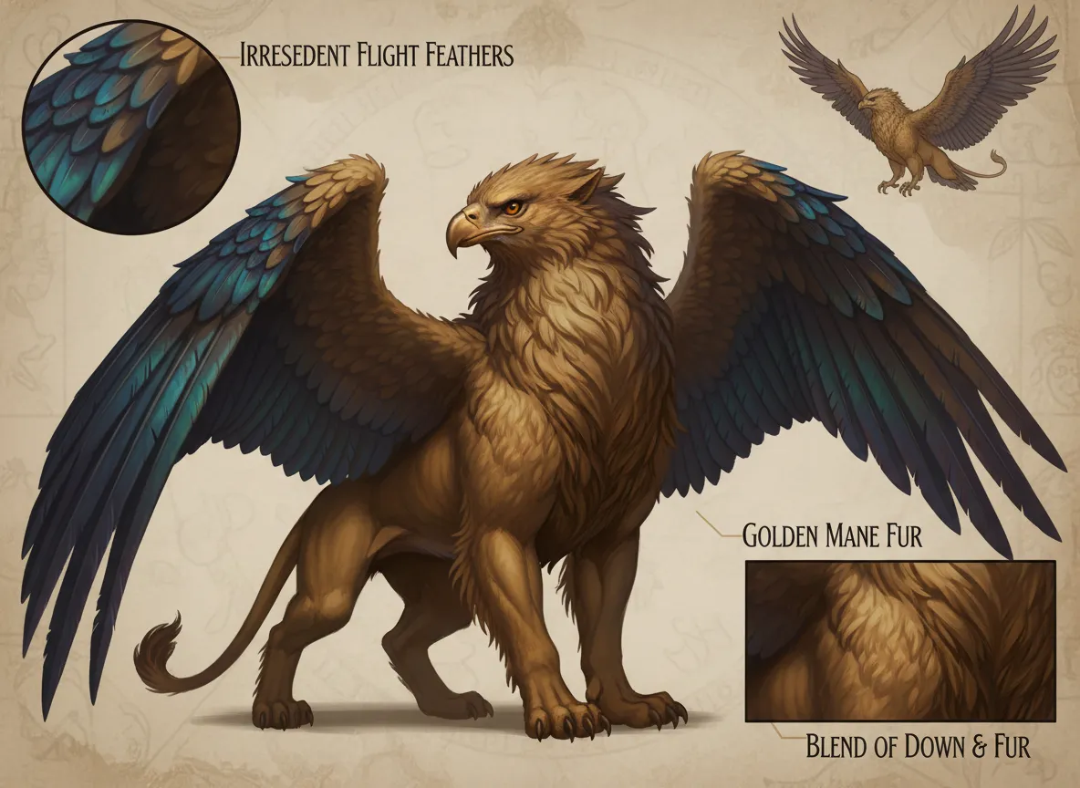 Un concept art dettagliato generato dall'IA di un grifone mitico, che mostra la texture di piume e pelo con incredibile dettaglio.