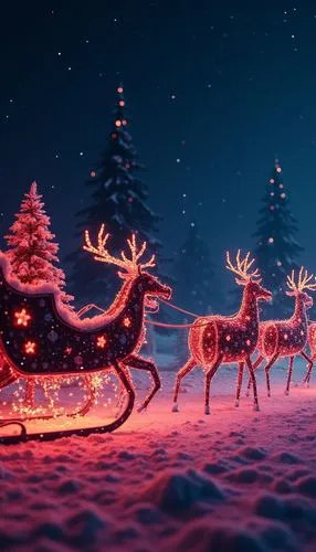 A modern Christmas wallpaper featuring sleighs, styled with neon lights tones, evoking a festive and cheerful atmosphere.,a lighted christmas sleigh flying through the sky,sleigh with reindeer,reindee