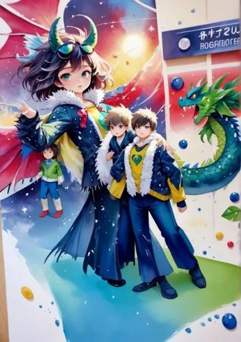 a superhero suit, the suit is black in color and based on a dragon, but it has a normalized look,a poster of the characters from dragon city,the three magi,sea fantasy,nautical children,standees,party
