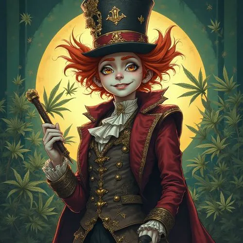 alice in wonderland shazam kazam wam bam emoji face anime male mad hatter warrior lingerie inspired gothic colonial clothing armor outfit full body marijuana leaf record background
,a redheaded man wi