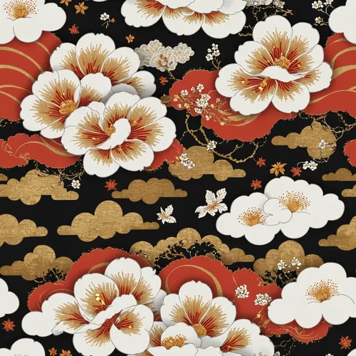a pattern of flowers and clouds on a black background, a digital rendering, by Kanō Tan'yū, trending on pixabay, ukiyo-e, red and gold cloth, ocean pattern, seamless pattern, autumnal, tsunami, repeat