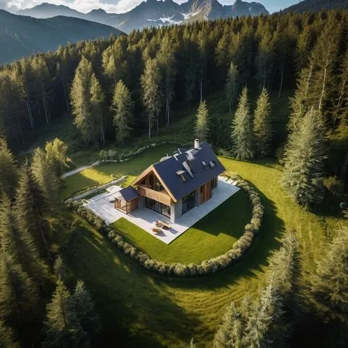 small house in polish willage in tatra mountains,an aerial view of the house with a lot of green space in it,house in mountains,house in the mountains,beautiful home,the cabin in the mountains,house i