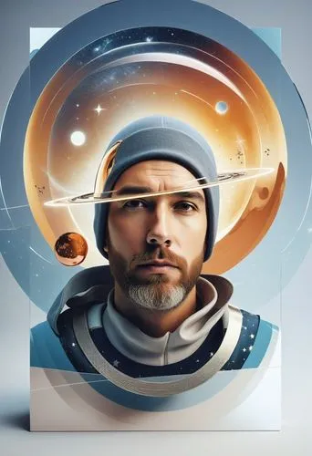 a man is shown with planets on a paper cutout,icon magnifying,yuri gagarin,astronaut helmet,spacewalker,spaceman,jarvis,gagarin,astronautic,positronium,automator,computer graphic,cosmonaut,astronaut,c