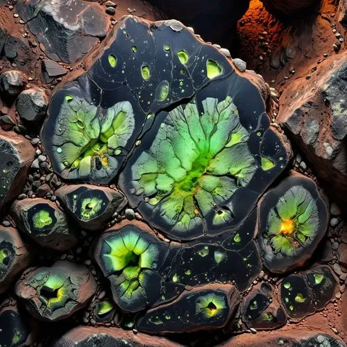 roccia spaccata , lavorata e levigata di colore nero, con all'interno minerali fluorescenti,a group of water plants growing in some rocks,fossilized resin,dicotyledons,solidified lava,stomata,lava sto
