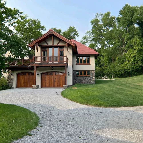 "A beautiful two-story American-style chalet with a red gabled roof, white stucco walls, and large glass windows. The house is surrounded by a solid perimeter wall for privacy, featuring wooden gates 