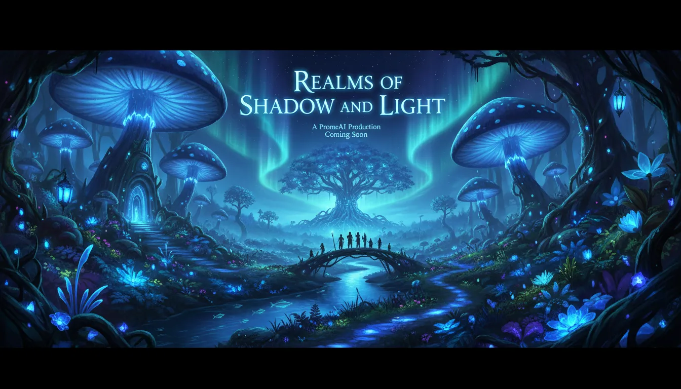 Un manifesto cinematografico di una foresta fantasy di notte, con funghi giganti e flora blu luminescente creati con lo stile Bioluminescenza di PromeAI.