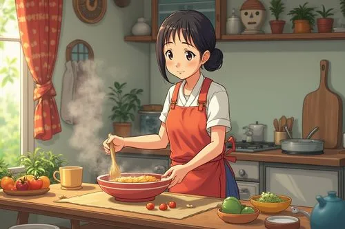 random cartoon scene,old woman cooking,an anime character prepares some kind of food,girl in the kitchen,azusa nakano k-on,tamako,azusa,tsumugi kotobuki k-on,nanako