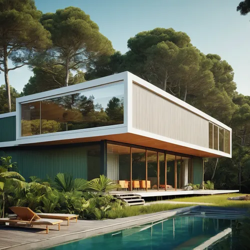 Design a tropical mid century modern vacation house architecture with sleek lines, minimalist exterior, and innovative materials. Craft a contemporary atmosphere for a sophisticated and urban space. P