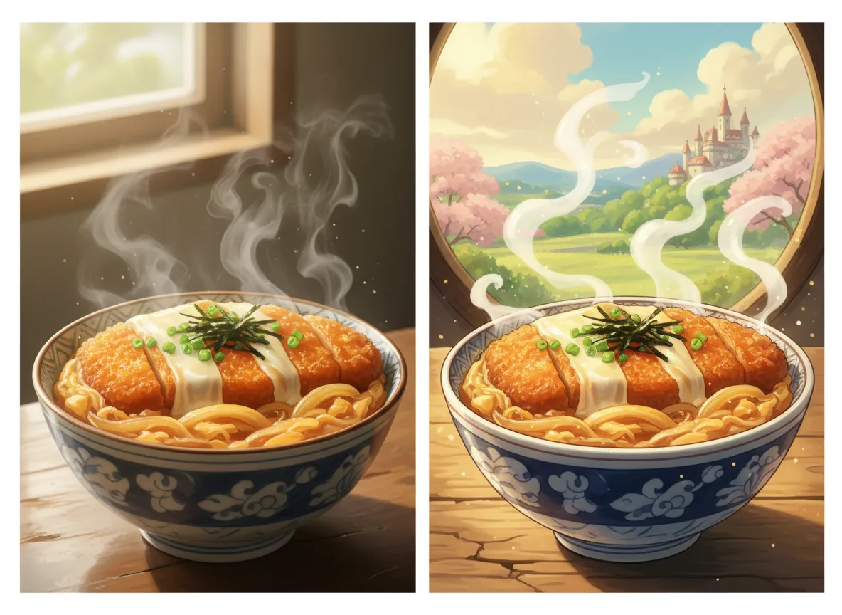 एक विस्तृत एनीमे फूड आर्ट शैली की साथ-साथ तुलना, जिसमें एक तस्वीर असली है और दूसरी AI द्वारा बनाई गई Studio Ghibli शैली का चित्रण है।