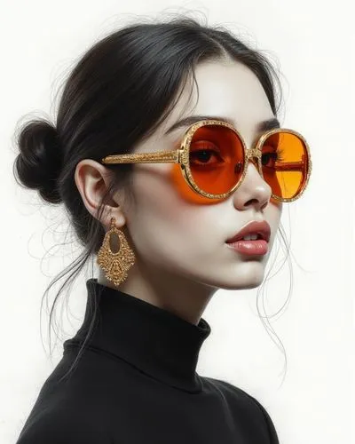 woman in black shirt wearing pair of sunglasses with gold chain,sunglasses,aviators,fashion vector,sun glasses,wayfarers,shades,color glasses,tortoise shell,spectacles,digital painting,lace round fram