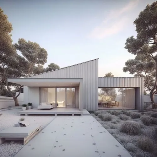 Pavilion-Style Villa, a low-profile form that blends with the surrounding landscape. The structure often uses a mix of flat and pitched roofs, with breezeways or glass corridors linking sections.A series of discrete geometric forms, often rectilinear or angular, organized to emphasize spatial flow and connectivity while embracing the surrounding environment.