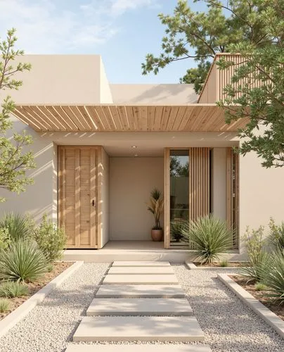 Modern, Stucco facade in soft beige tones, vertical wooden slats framing the entrance, pebbled pathways with linear stepping stones, dry landscape design with native desert plants, clean geometric for