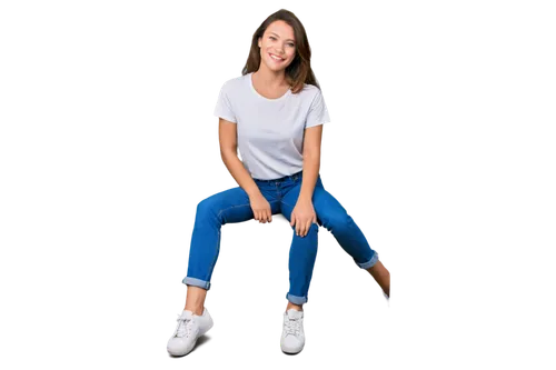 friendly smiling face, casual hairstyle, gentle eyes, natural makeup, plain white t-shirt, blue denim jeans, sneakers, relaxed posture, leaning against wall, softbox lighting, shallow depth of field, 