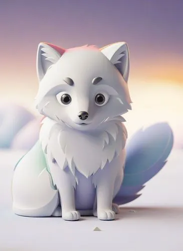 a white and gray toy sitting on top of a snow covered ground,cute fox,adorable fox,white fox,flurry,little fox,furgal