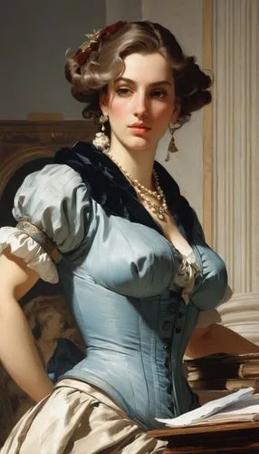 巨乳女秘书,a painting of a woman in a blue dress,victorian lady,girl studying,maestra,secretarial,signora,noblewoman,Art,Classical Oil Painting,Classical Oil Painting 40