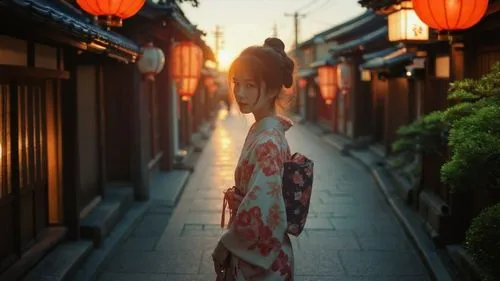 Kyoto night, lowlights,a woman stands on the sidewalk next to lanterns,kimono,geisha,kimonos,street lantern,girl walking away,geisha girl,japan,lantern,woman walking,kimono fabric,oriental girl,rising