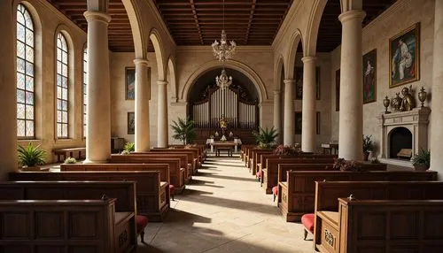 Refined monastery interior, ornate neoclassical furnishings, intricately carved wooden pews, majestic stone columns, vaulted ceilings, stained glass windows, subtle warm lighting, soft beige stone flo