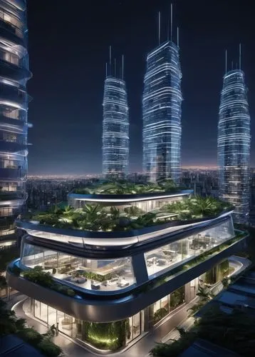 Modern skyscraper, futuristic cityscape, sleek metallic façade, gleaming glass windows, intricate steel beams, neon lights illuminating the structure at night, luxurious penthouse suite, rooftop garde