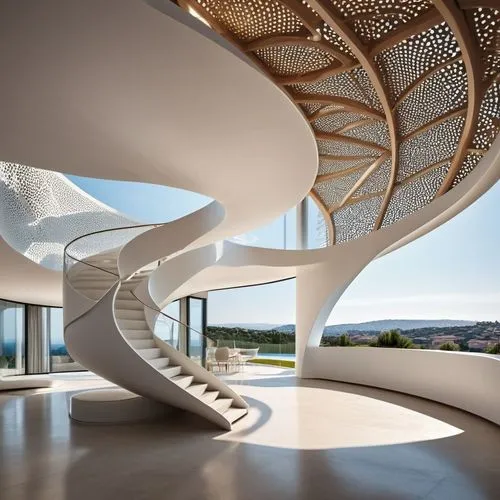 Parametric villa with complex architectural forms, neural-inspired geometry, interwoven composite panels, perforated facades, layered curvatures, no walls, kinetic light shadows, sculptural core, spir