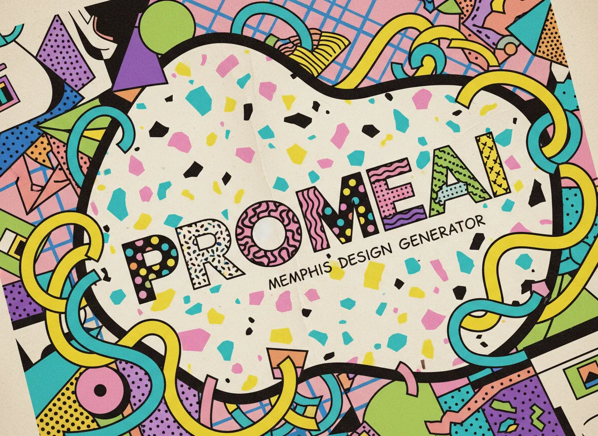 PromeAI द्वारा बनाए गए एक विस्तृत पोस्टर का क्लोज-अप शॉट, जो टेराज़ो पैटर्न और लहरदार विवरण जैसे प्रामाणिक मेम्फिस डिज़ाइन बनावट को उजागर करता है।
