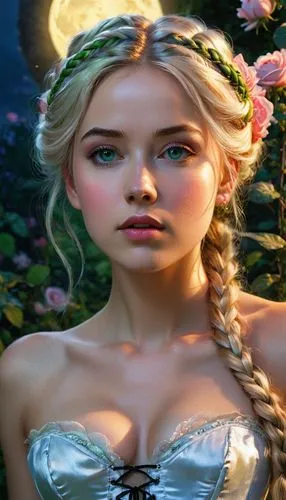  very buxom beautiful woman with freckles Has extremely long blonde, rainbow-colored hair in long plait, and an expressive, thoughtful face, stunning eye makeup, penetrating gauze. delicate oval face,