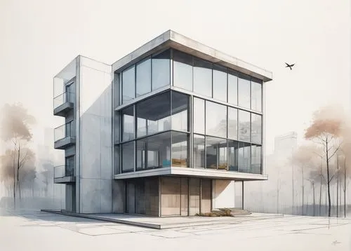 Architecture, drawing paper, A4 size, white background, 2D blueprint style, minimalist design, modern building, sleek lines, glass windows, steel frames, concrete foundation, urban landscape, cityscap