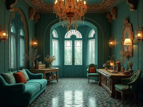 Art Nouveau style, teal color dominant, ornate metalwork, flowing curves, organic shapes, luxurious fabrics, intricate patterns, vintage-inspired accessories, antique furniture, grandiose chandeliers,