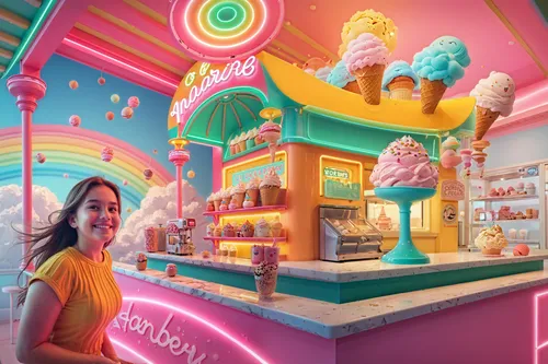 a woman is standing behind a pink ice cream shop,ice cream shop,ice cream parlor,candy shop,ice cream stand,ice cream icons,woman with ice-cream,candy store,bakeshop,ice cream cart,soda shop,confectio