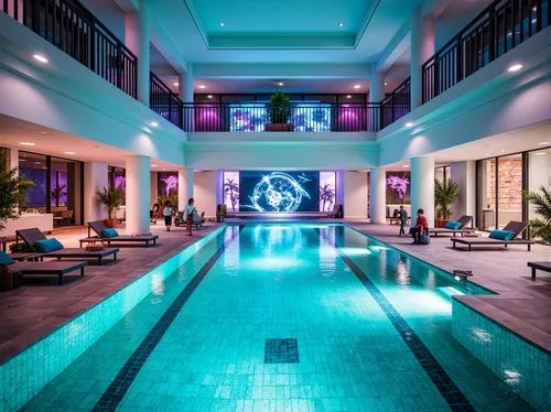 Futuristic swimming pool, neon-lit lanes, iridescent tiles, holographic water effects, sleek metal railings, minimalist lounge chairs, vibrant turquoise waters, LED light installations, abstract geome
