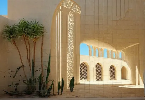 DISEÑO DE UNA MEZQUITA UBICADA EN ARGELIA, COMBINANDO ELEMENTOS DE LA ARQUITECTURA MINIMALISTA, FUSIONADOS CON LA ARQUITECTURA ISLAMICA, USO DE CELOSIAS CON DISEÑO ISLAMICO, MINARETE CON CRISTAL, PROT