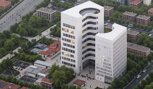 "A 15-story modern high-rise building inspired by Tadao Ando, emphasizing diverse architectural forms and sculptural massing. The design features exposed smooth concrete, a variety of interlocking vol