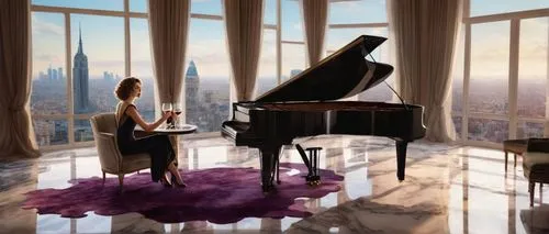 Modern artistic villa, luxurious living room, grand piano, stylish woman, 30s, curly brown hair, elegant dress, high heels, sitting on a velvet sofa, holding a wine glass, warm lighting, cozy atmosphe