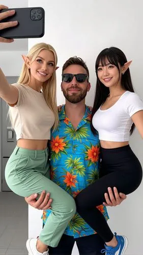 Change la tenue de l'homme : chemise hawaienne et ajoute des lunettes de soleil.
Ajoute autour de lui : 2 belles femmes elfes.
L'une : Une ravissante elfe blonde de 30 ans, aux longs cheveux et aux ye