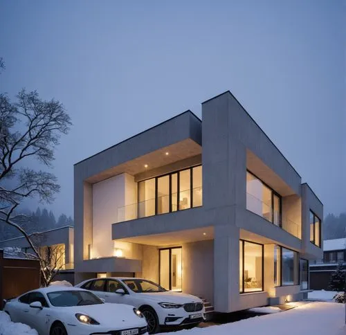 two white cars parked outside of a building,snow roof,cubic house,winter house,modern house,cube house,snow house,Photography,General,Realistic