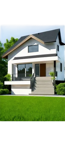 Modern house, minimalist design, white walls, large windows, sloping roof, green grass, front yard, afternoon sun, soft shadows, 3/4 composition, low-angle shot, detailed texture, realistic materials.