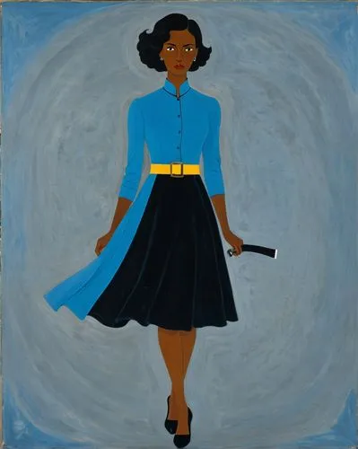 A detailed digital illustration featuring a mysterious woman in a vibrant blue dress and black belt, standing amidst a dark gray backdrop. Her gaze, lost in thought, draws you in adding depth; her dar