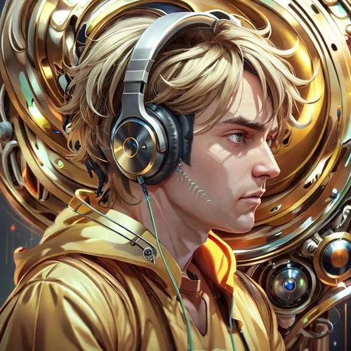 The man with the headphones.,headset profile,headphone,cg artwork,music player,engineer,c-3po,sci fiction illustration,headset,atlas,inventor,golden apple,dj,audio player,transistor,clockmaker,headpho