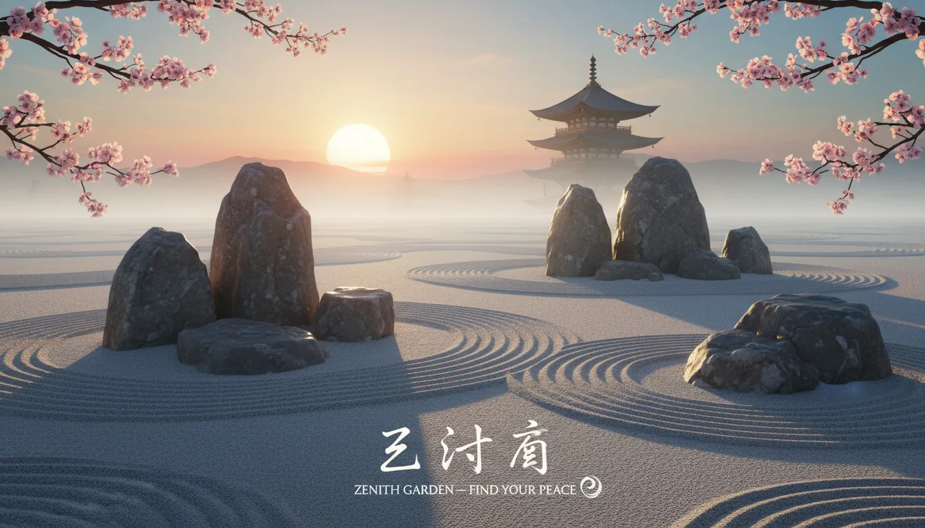 Un poster generato dall'IA che mostra un Giardino Zen iperrealistico all'alba, con intricati motivi sulla sabbia e posizionamenti minimalisti delle pietre.