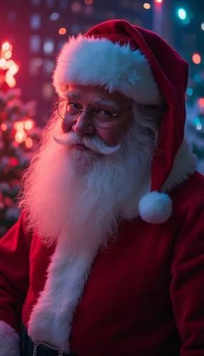 A elegant Christmas wallpaper featuring Santa Claus, styled with neon lights tones, evoking a festive and cheerful atmosphere.,a man with long white beard and mustache wearing a santa claus suit,santa