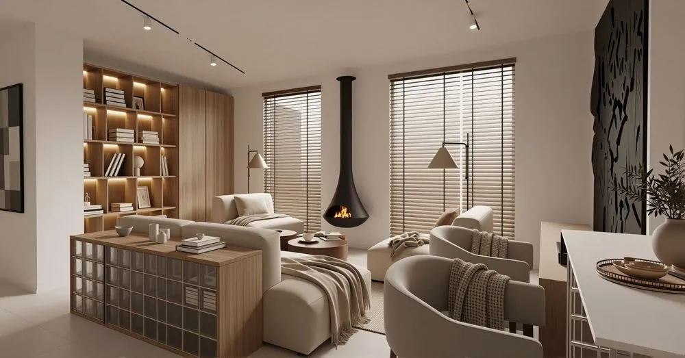 a white room has furniture and decor