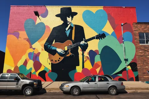 Bob Dylan Mural Minneapolis via The Midwestival,memphis shapes,memphis,mural,albuquerque,man with saxophone,jazz guitarist,ohio paint street chillicothe,amarillo,austin,blues and jazz singer,minneapol
