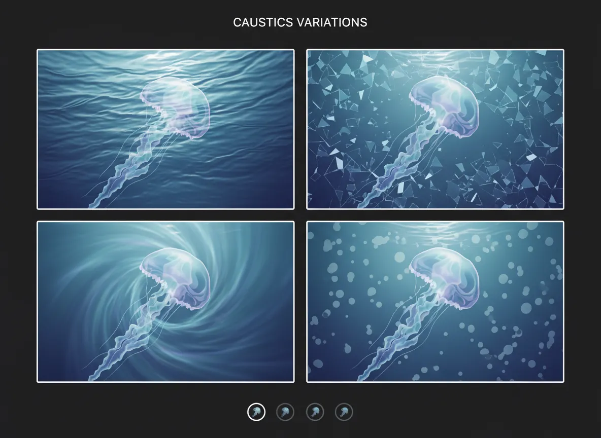 एक यूजर इंटरफेस ग्रिड जो एक ही संकेत से उत्पन्न चार अलग-अलग पोस्टर विविधताओं को दिखाता है, प्रत्येक में एक अद्वितीय कॉस्टिक्स शैली है।