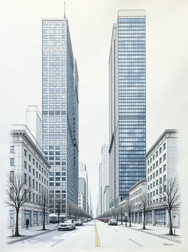 Make a sketch of two buliding opposing each other over a street. The buldings are in Manhattan, New York and are high. The right one is much higher than the left one and has a glass facede.


,archite