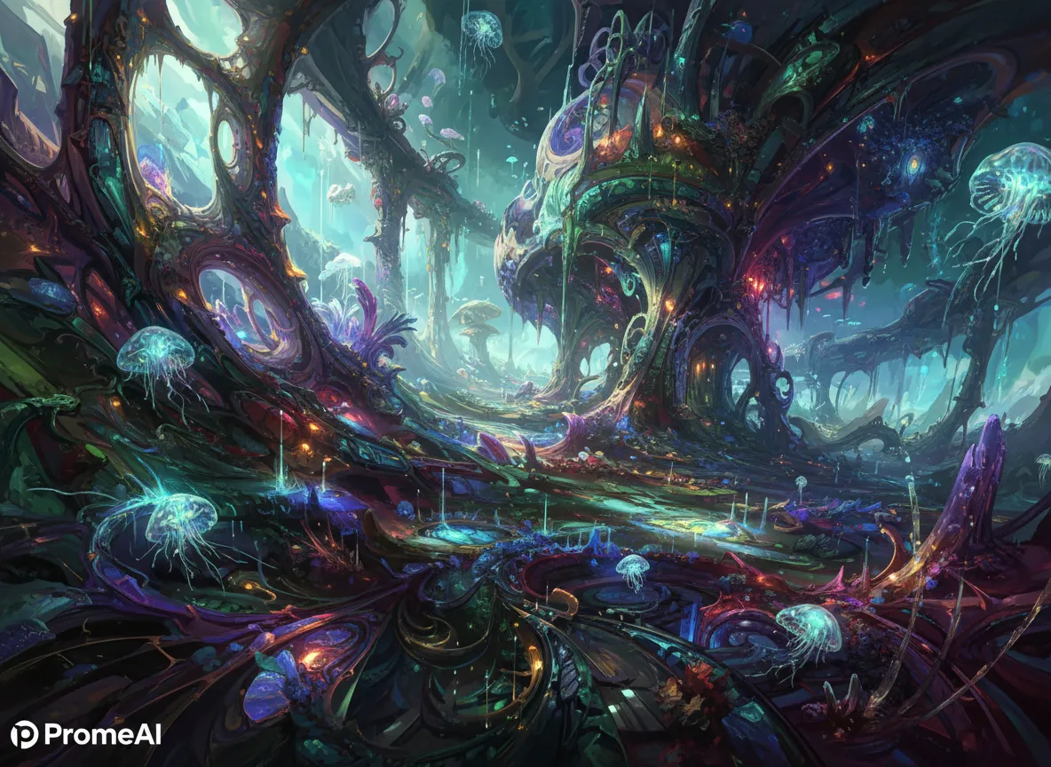 Un primo piano di un'opera d'arte digitale surrealista e altamente dettagliata creata con PromeAI, che ne evidenzia le texture e i colori unici.